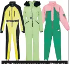  ??  ?? L-R: Topshop neon yellow fitted ski snow suit by Topshop SNO, £120; Missguided msgd ski lime fitted snow suit, £120; ASOS 4505 ski 80s colour block ski suit, £100