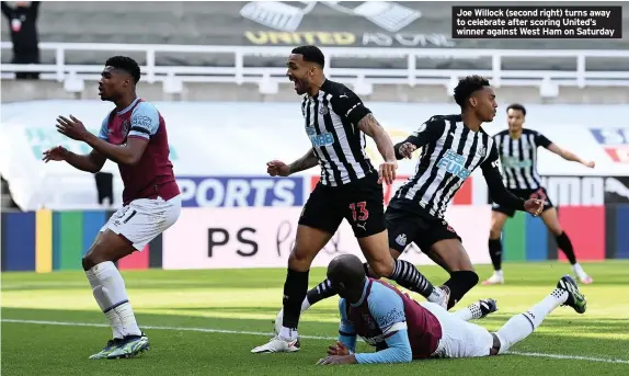  ??  ?? Joe Willock (second right) turns away to celebrate after scoring United’s winner against West Ham on Saturday