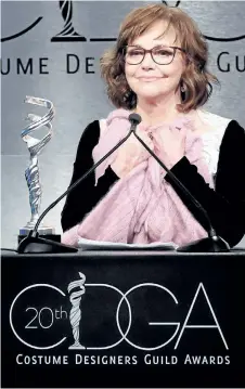  ?? KEVIN WINTER/GETTY IMAGES ?? Actor Sally Field speaks onstage during the Costume Designers Guild Awards at The Beverly Hilton Hotel on Tuesday in Beverly Hills, Calif.