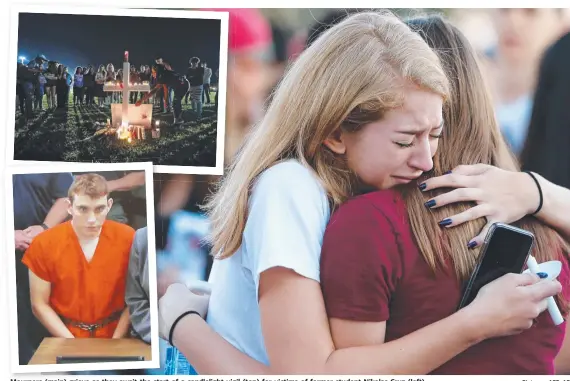  ?? Pictures: AFP, AP ?? Mourners (main) grieve as they await the start of a candleligh­t vigil (top) for victims of former student Nikolas Cruz (left).