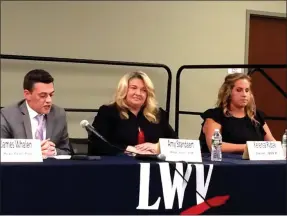  ?? GLENN GRIFFITH -MEDIANEWS GROUP ?? The three candidates running for two seats on the Clifton Park Town Board at the Meet the Candidates Forum last week. From left to right they are: James Whalen, Amy Standaert, and Kerensa Rybak.