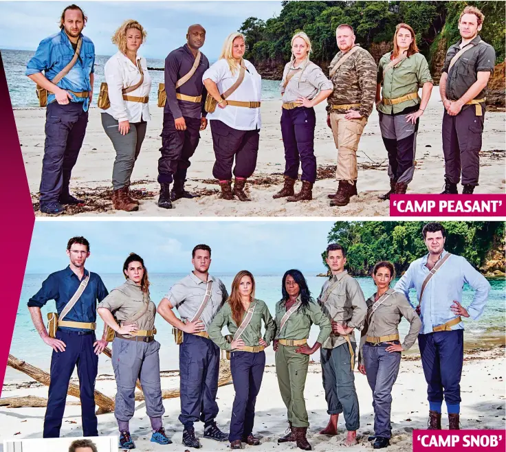  ??  ?? ‘CAMP SNOB’ Taking sides: (top from left) Camp Peasant’s Phil, Sammy, Erance, Mercedes, Laura, Ben, Brigid and Stevey. Above, Camp Snob’s James, Danni, Tan, Ali, Lorna, Sam, Shereen and Barnes. Inset, Barnes and Mercedes are reunited away from the...