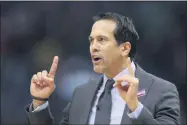  ?? RUSTY COSTANZA - THE ASSOCIATED PRESS ?? Miami Heat coach Erik Spoelstra questions a referee during the first half of the team’s NBA basketball game against the New Orleans Pelicans in New Orleans, Friday, March 6, 2020.