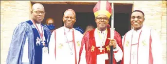  ??  ?? The 2021 Remo Diocesan Secretary, Methodist Church Nigeria, Very Rev. Jacob Ayedona ( left); Bishop, Diocese of Oyo, Rt. Revd. Joseph Osifuwa; host Bishop of Remo, Rt Revd. Bamidele Ibikunle and Guest Preacher, Rt. Revd. Simenon Oluwole Onaleke at the 2021 annual 30th Synod Sunday Thanksgivi­ng Service, at the Oko Circuit, Sagamu, Remo, Ogun State.