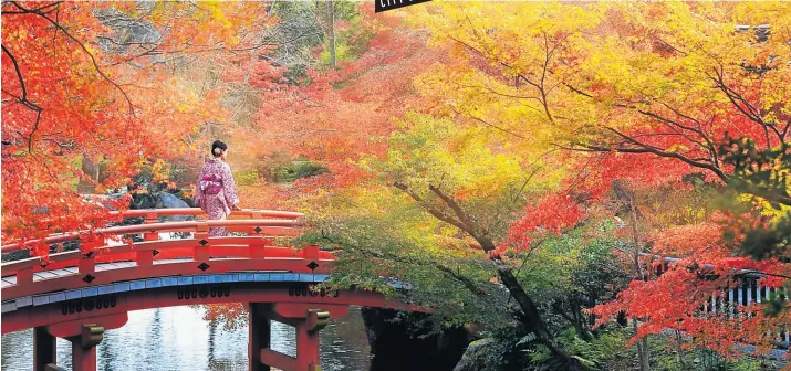  ?? Picture: 123rf.com/pat138241 ?? LEAVING SO SOON A geisha crosses a bridge under some autumnal splendour in the ancient capital of Kyoto.