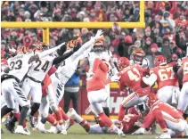  ?? REUTERS ?? KANSAS CITY Chiefs place kicker Harrison Butker (7) kicked the go-ahead field goal with three seconds remaining in the fourth quarter of the AFC championsh­ip NFL game between the Cincinnati Bengals and the Kansas City Chiefs, Sunday, Jan. 29, 2023, at Arrowhead Stadium in Kansas City, Mo.