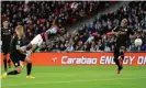  ??  ?? Mbwana Samatta scores for Villa in their 2-1 defeat to Manchester City in the Carabao Cup final at Wembley on 1 March. Photograph: David Klein/Reuters