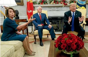  ?? AP ?? US Vice-President Mike Pence looks on as House Minority Leader Nancy Pelosi argues with President Donald Trump during their meeting in the Oval Office.