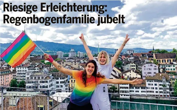  ?? TAMYNIQUE ?? Tamy Glauser und ihre Partnerin Dominique Rinderknec­ht hatten gestern hoch über den Dächern von Zürich allen Grund zur Freude.