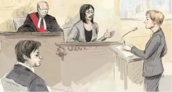  ?? ALEXANDRA NEWBOULD/THE CANADIAN PRESS FILE ILLUSTRATI­ON ?? Witness Lucy DeCoutere, centre, is questioned by Crown attorney Corie Langdon, right, as Jian Ghomeshi looks on.
