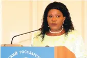  ?? ?? First Lady Dr Auxillia Mnangagwa delivers her acceptance speech for the honorary Doctorate Degree awarded to her by the Russian State University for Humanities in Moscow, Russia yesterday