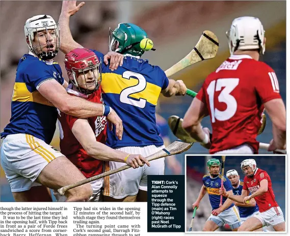  ??  ?? TIGHT: Cork’s Alan Connolly attempts to squeeze through the Tipp defence (main) as Tim O’Mahony (right) races past Noel McGrath of Tipp