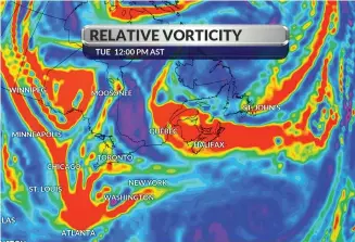  ??  ?? Computer generated relative vorticity bands at 500 mb at noon Tuesday. ECMWF Global 9 km. WSI