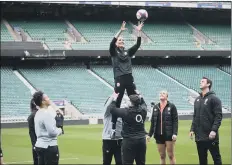  ?? PICTURES: JEREMY SELWYN/EVENING STANDARD/PA/MAX MUMBY/INDIGO/GETTY ?? RUN, LINE-OUT, SCRUM: The Duchess of Cambridge, in her role as Rugby Football Union patron, takes part in a training session at Twickenham. She takes over from Prince Harry, inset.