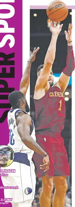  ?? / AP PHOTO ?? ■ TRES: Miitsa og tres si Cleveland Cavaliers guard Max Strus (1) batok ni Dallas Mavericks forward Tim Hardaway Jr. (10) ning aktuha sa 2nd half sa ilang duwa sa NBA ning Miyerkules, Pebrero 28, 2024 (PH time).