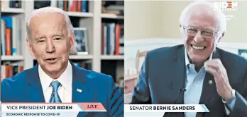  ?? JOEBIDEN.COM ?? Sen. Bernie Sanders, right, endorses Democratic presidenti­al candidate Joe Biden on Monday via a livestream­ing event.
