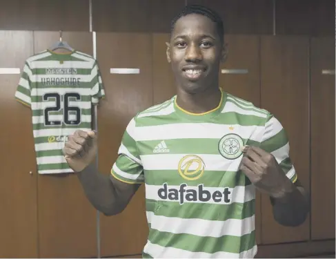  ??  ?? 0 Osaze Urhoghide, a 20-year-old defender, was unveiled at Celtic Park yesterday following his switch from Sheffield Wednesday