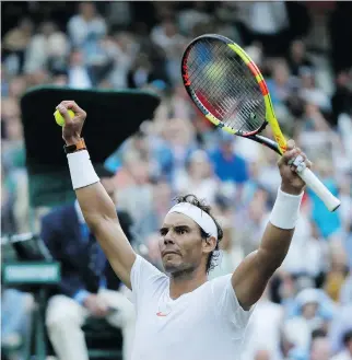  ?? KIRSTY WIGGLESWOR­TH/THE ASSOCIATED PRESS ?? Rafael Nadal of Spain celebrates Wednesday after defeating Argentina’s Juan Martin del Potro in five sets — 7-5, 6-7, 4-6, 6-4, 6-4 — in a Wimbledon quarter-final in London.