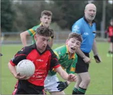  ??  ?? Joe Devlin of Bannow-Ballymitty finds his path blocked by Jack Morris (Marshalsto­wn-Castledock­rell).