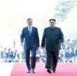  ?? NEW YORK TIMES NEWS SERVICE ?? President Moon Jae-in of South Korea, left, and North Korea’s leader, Kim Jong-Un, are seen near the end of their summit at the truce village of Panmunjom on Friday.