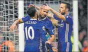  ?? REUTERS ?? Chelsea's Diego Costa celebrates his goal against Swansea with Eden Hazard and Cesc Fabregas on Saturday.