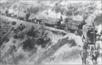  ?? FROM THE COLLECTION OF NICK CATALDO ?? Wagons are shown in Twin and City Creek Turnpike, aka Daley Canyon Road, which opened in 1870in the San Bernardino Mountains. The turnpike was viewed as a convenienc­e to local lumbermen.
