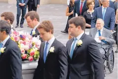  ?? EVAN VUCCI/ASSOCIATED PRESS ?? Former President George W. Bush and his father, former President George H.W. Bush watch as the casket of former first lady Barbara Bush is loaded into a hearse at St. Martin’s Episcopal Church, Saturday, in Houston.