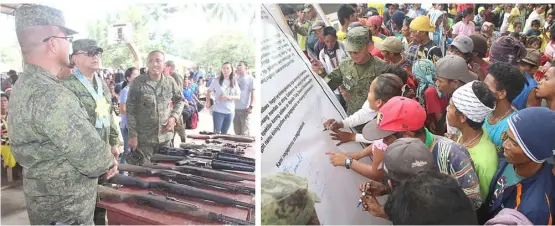  ??  ?? Going above ground Former communist top guns in the so-called shadow government of the rebel movement sign their allegiance to government to indicate their return to the fold of the law (right) while composite photo shows the firearms they surrendere­d (left).