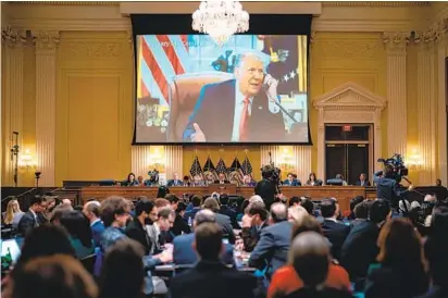  ?? KENT NISHIMURA LOS ANGELES TIMES ?? An image of then-President Donald Trump is displayed during Monday’s final public meeting of the Jan. 6 House committee.