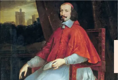  ?? ?? Portrait du cardinal Jules Mazarin (16021661) avec, en arrière-plan, le château de Vincennes, de Philippe de Champaigne (1602-1674).