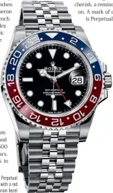  ??  ?? Rolex Oyster Perpetual GMT-Master II with a red and blue Cerachrom bezel