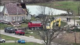  ?? Drone photo by Ryan Gillmor/city of Willard ?? A look at tornado damage in the Plymouth area that was hit by a tornado on March 14.