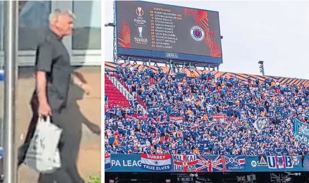  ?? ?? GOING TO PENALTIES: David Melville was apprehende­d instead of flying to Seville where Rangers fans packed the Ramon Sanchez-Pizjuan stadium.