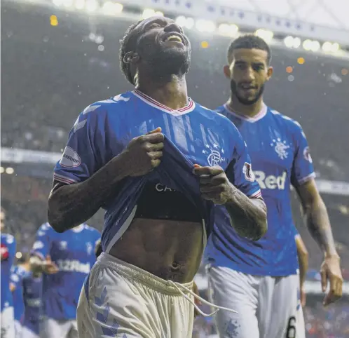  ??  ?? 0 Jermain Defoe celebrates his hat-trick goal. The striker is 36 but could extend his Rangers stay beyond his current contract.