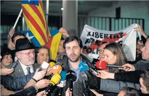  ?? AFP ?? Former Catalan health minister Antoni Comin i Oliveres talks to the press in Brussels on Thurday. Spain reactivate­d an internatio­nal arrest warrant last week for Catalonia’s ex-leader Carles Puigdemont on a rebellion charge.