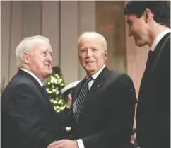  ?? JUSTIN TANG / THE CANADIAN PRESS FILES ?? Mulroney greets U.S. Vice-president Joe Biden and Prime Minister Justin Trudeau at a state dinner in Ottawa on Dec. 8, 2016.