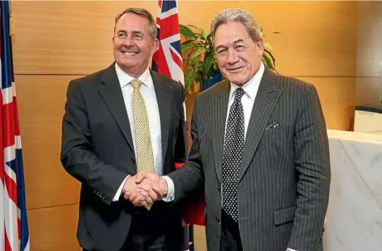  ?? PHOTOS: GETTY IMAGES ?? British Secretary of State for Internatio­nal Trade Liam Fox, left, meets New Zealand Minister of Foreign Affairs Winston Peters in Wellington late last year. Peters is seen as a competent Foreign Minister but is not likely to push a bold, progressiv­e...