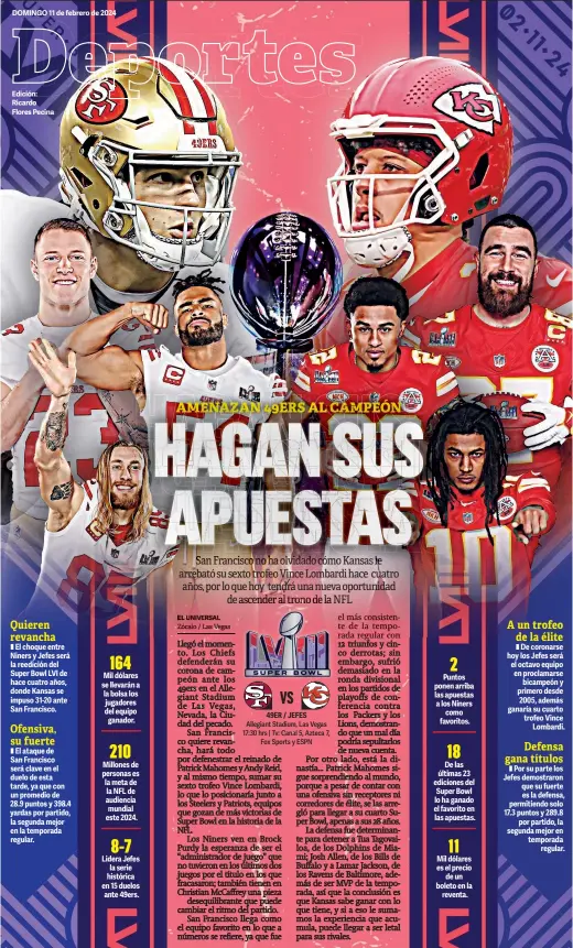  ?? ?? Millones de personas es la meta de la NFL de audiencia mundial este 2024.
De las últimas 23 ediciones del Super Bowl lo ha ganado el favorito en las apuestas.