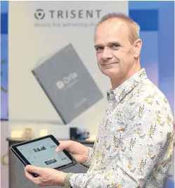  ??  ?? Dr Gordon Povey at the Trisent stand at EIE 17 where the Fife-based company launched the Orla beta programme last month.
