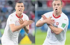  ?? EPA ?? Switzerlan­d’s Granit Xhaka, left, and Xherdan Shaqiri celebrate with a hand signal of the double-headed eagle on the Albanian flag.