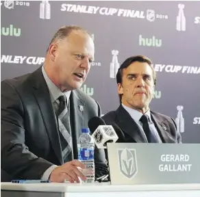 ?? BRUCE BENNETT/GETTY IMAGES ?? Coach Gerard Gallant, left, and GM George McPhee have the Knights on the verge of a historic Stanley Cup title.