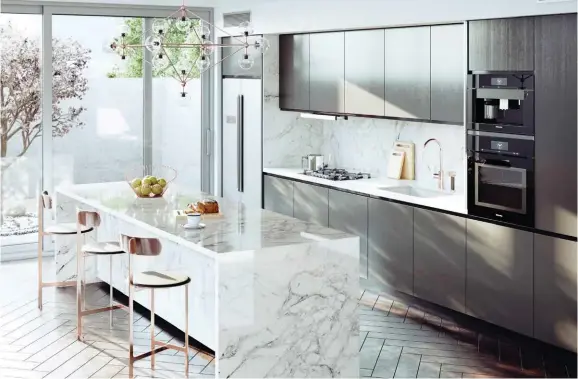  ??  ?? Above:
Bergen’s intricate grey-on-white veining brings a sophistica­ted visual texture to the kitchen.