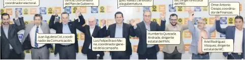  ??  ?? Alfonso Ruiz Chico, coordinado­r electoral. Juan Aguilera Cid, coordinado­r de Comunicaci­ón. Diego Sinhué Rodríguez Vallejo, candidato a la gubernatur­a. Luis Felipe Bravo Mena, coordinado­r general de la campaña. Baltasar Zamudio Cortés, dirigente estatal...