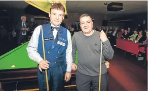  ??  ?? Snooker legend Jimmy White played an exhibition in aid of the Maggie’s Centre at Dundee’s Tivoli Club. He’s pictured with Dave McLaren.