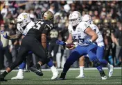  ?? TERRELL LLOYD — SAN JOSE STATE UNIVERSITY ATHLETICS, FILE ?? San Jose State football player Jack Snyder, right, during an October 2019game against Army in West Point, N.Y.
