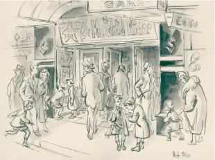  ?? IMAGE: SUPPLIED ?? Pen and wash . . . Outside the State Theatre in 1951. Saturday Matinee by Ralph Miller, from Moments in Time.