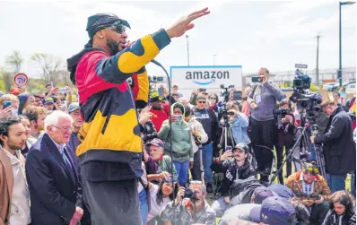  ?? AP PHOTOS ?? Christian Smalls, president of the Amazon Labor Union, speaks at a rally outside an Amazon facility on Staten Island in New York, Sunday, April 24, 2022. Amazon and the nascent group that successful­ly organized the company’s first-ever US union are headed for a rematch Monday, May 2, 2022, when a federal labour board will tally votes cast by warehouse workers in yet another election on Staten Island.
