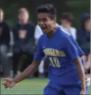  ?? PETE BANNAN — DIGITAL FIRST MEDIA ?? Downingtow­n East’s (10) Cesar May celebrates his second half goal against Haverford on Tuesday.