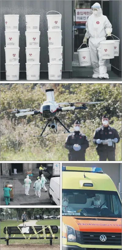  ?? PICTURES: AP/AFP/GETTY ?? TREATMENT AND SEAT BAN: From top: buckets of medical waste from new virus patients at a hospital in South Korea; police officers in Rome use a drone to check on people’s movements; health workers outside a Madrid hospital – the death toll in Spain is higher than in China; an ambulance transports Italian Covid-19 patients in Leipzig – hospitals in the German state of Saxony will take at least six Italian coronaviru­s patients who are unable to receive treatment in their own country; a park bench is cordoned off, in Houston, Texas.