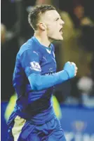  ??  ?? LEICESTER: Leicester’s Jamie Vardy celebrates after scoring against Manchester United during the English Premier League soccer match between Leicester City and Manchester United at the King Power Stadium yesterday. — AP